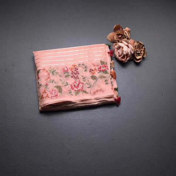Organza Peach Zari Stripes Saree With Thread Border