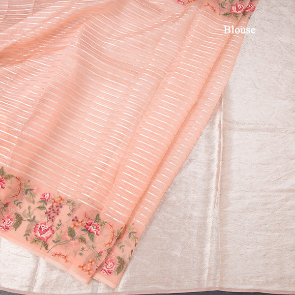 Organza Peach Zari Stripes Saree With Thread Border