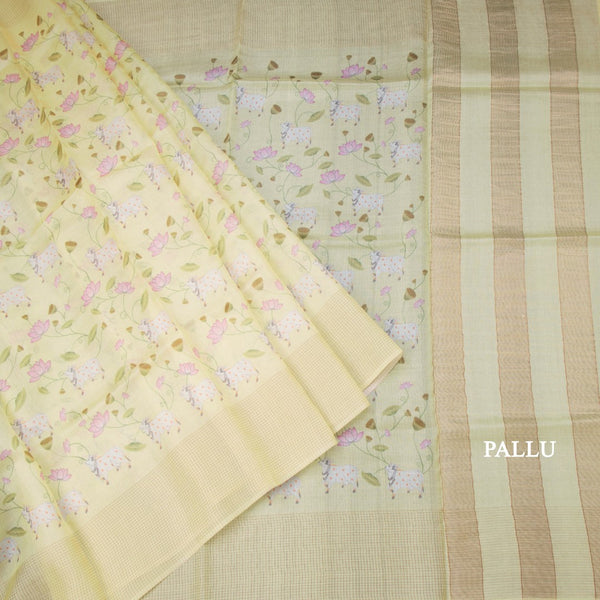Pure Tussar Lemon Yellow Printed Saree With Checks Border