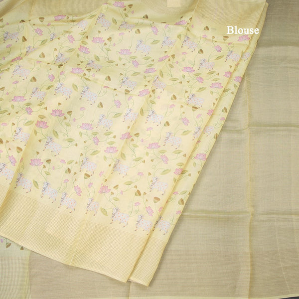 Pure Tussar Lemon Yellow Printed Saree With Checks Border