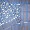 Pure Tussar Blue Printed Saree With Checks Border