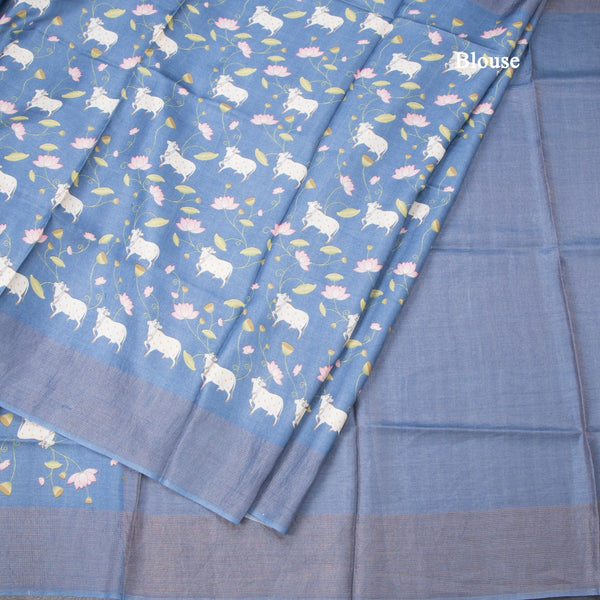 Pure Tussar Blue Printed Saree With Checks Border
