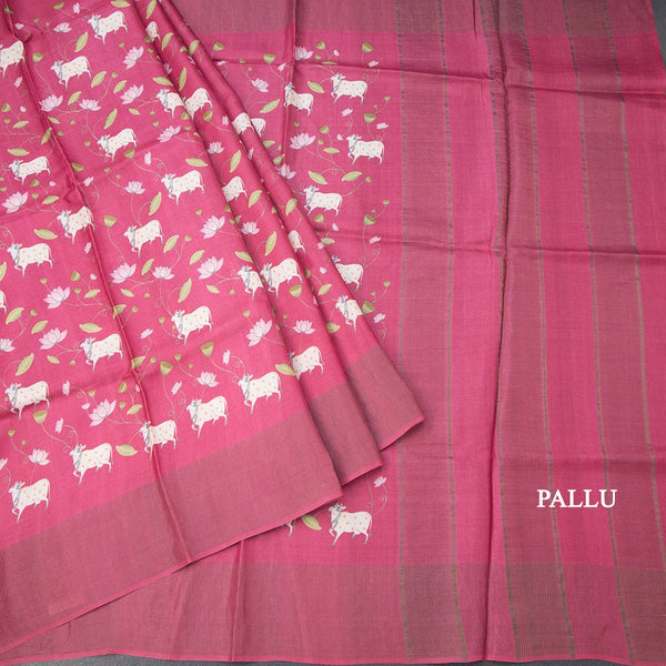 Pure Tussar Hot Pink Printed Saree With Checks Border