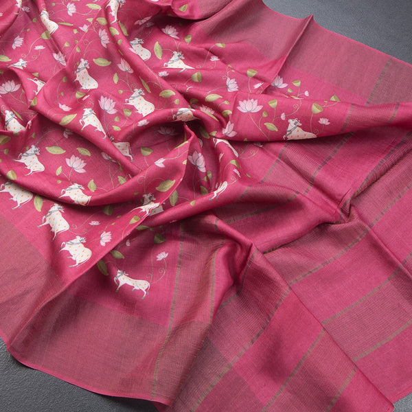 Semi Linen Light Maroon Leaf Printed Saree