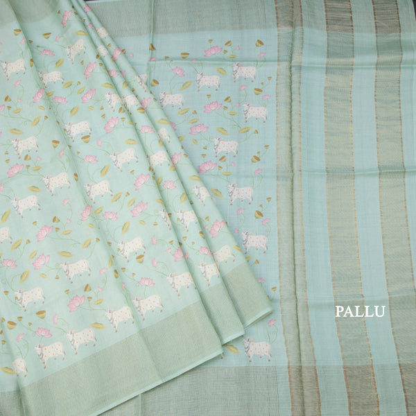 Pure Tussar Sea Green Printed Saree With Checks Border