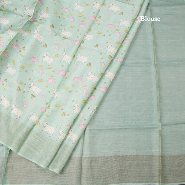 Pure Tussar Sea Green Printed Saree With Checks Border