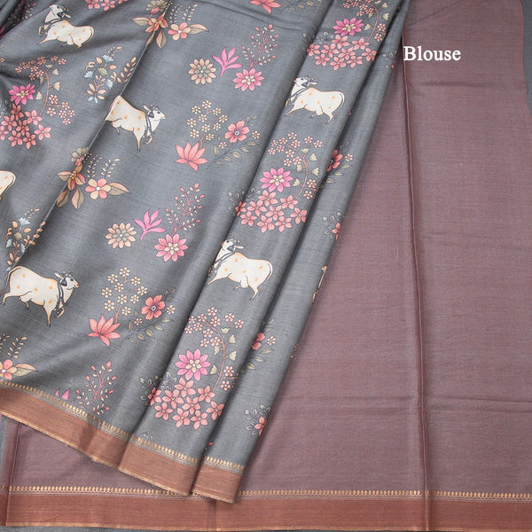 Pure Tussar Grey Printed Saree With Stripes Border