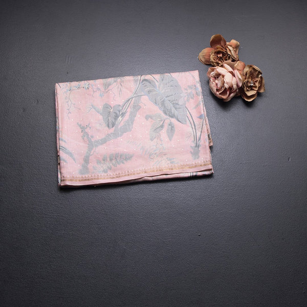Pure Tussar Baby Pink Leaf Printed Borderless Saree