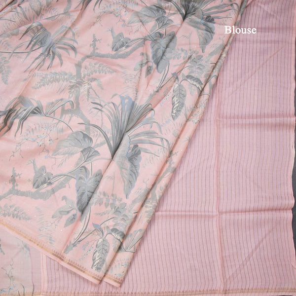 Pure Tussar Baby Pink Leaf Printed Borderless Saree