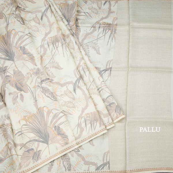Pure Tussar Light Pista Green Leaf Printed Borderless Saree