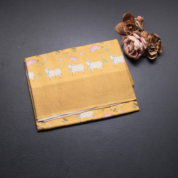 Pure Tussar Mango yellow Printed Saree With Checks Border