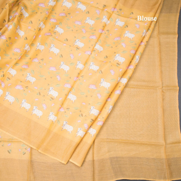 Pure Tussar Mango yellow Printed Saree With Checks Border