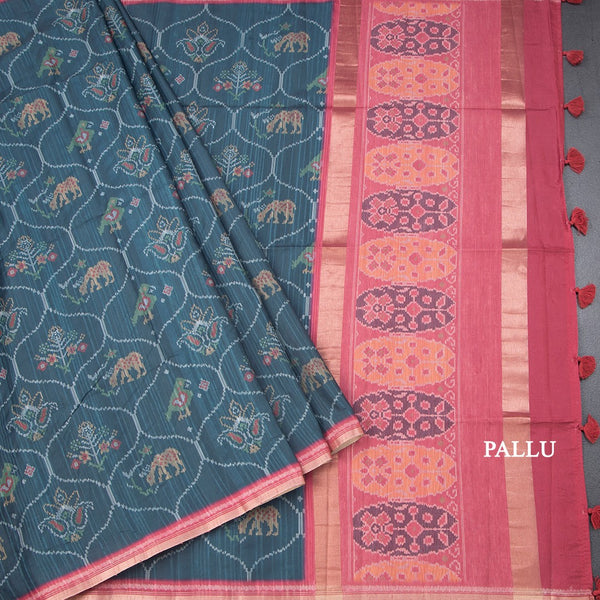 Raw Silk Teal Green Ikkat Printed Saree