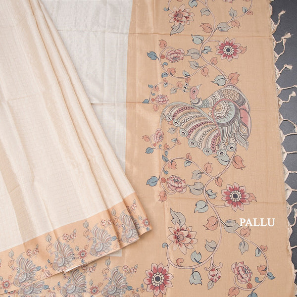 Raw Silk Cream Zari Checked Saree With Printed Border 02