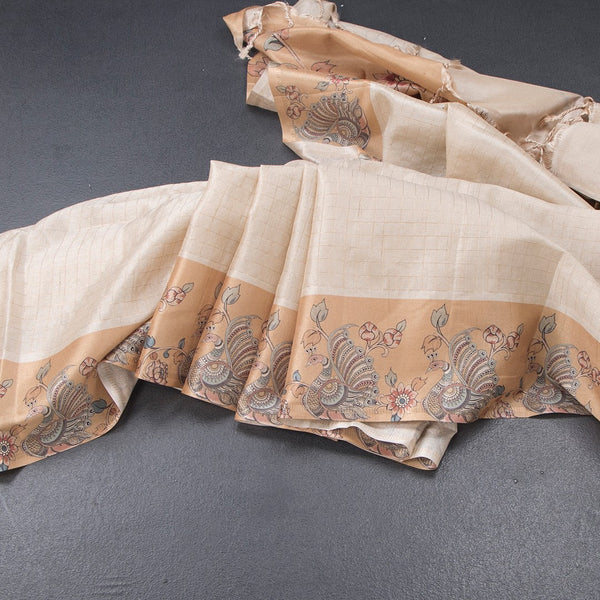 Raw Silk Cream Zari Checked Saree With Printed Border 02
