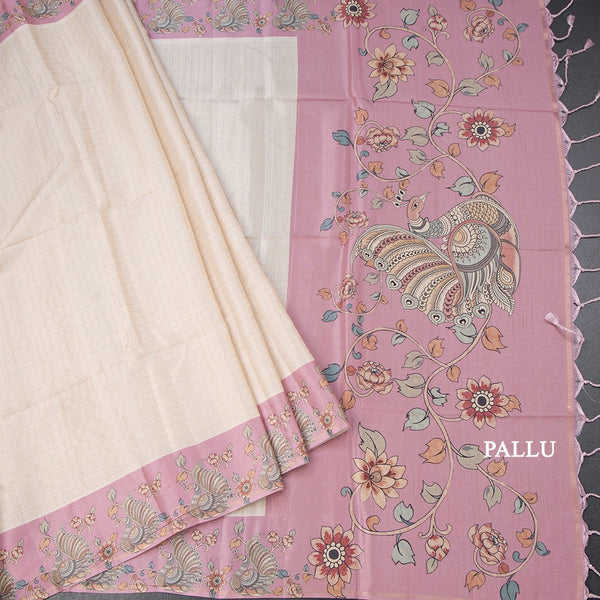 Raw Silk Cream Zari Checked Saree With Printed Border 03