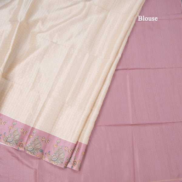 Raw Silk Cream Zari Checked Saree With Printed Border 03