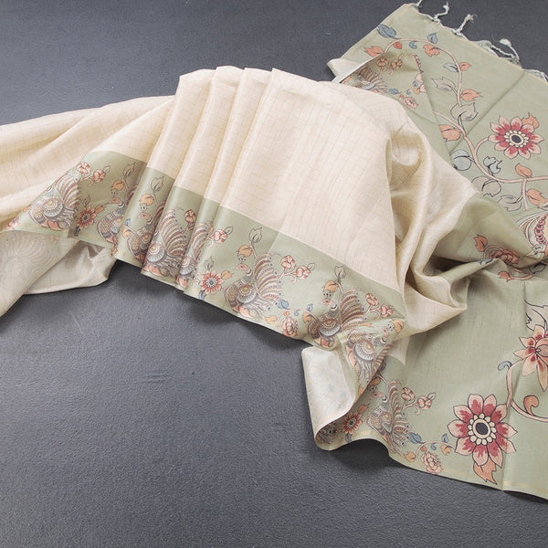 Raw Silk Cream Zari Checked Saree With Printed Border 04