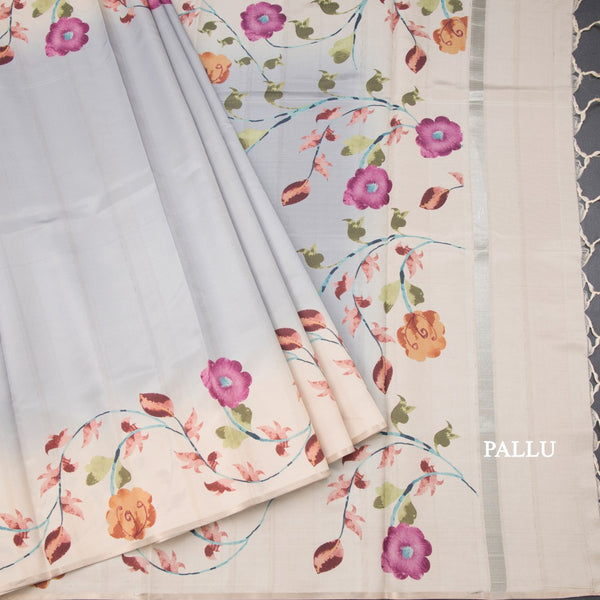 Raw Silk Grey Plain Saree With Floral Border
