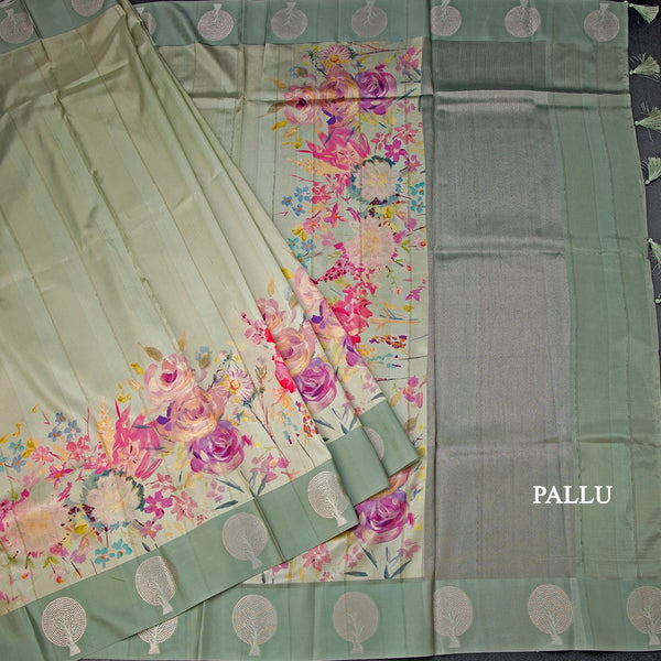 Raw Silk Pista Green Stripes Saree With Zari Border