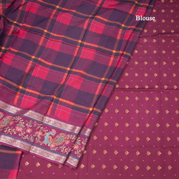 Raw Silk Multi Colour Printed Checked Saree And Rettapet Border