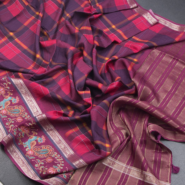 Raw Silk Multi Colour Printed Checked Saree And Rettapet Border