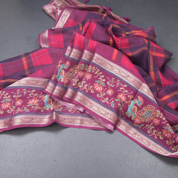 Raw Silk Multi Colour Printed Checked Saree And Rettapet Border