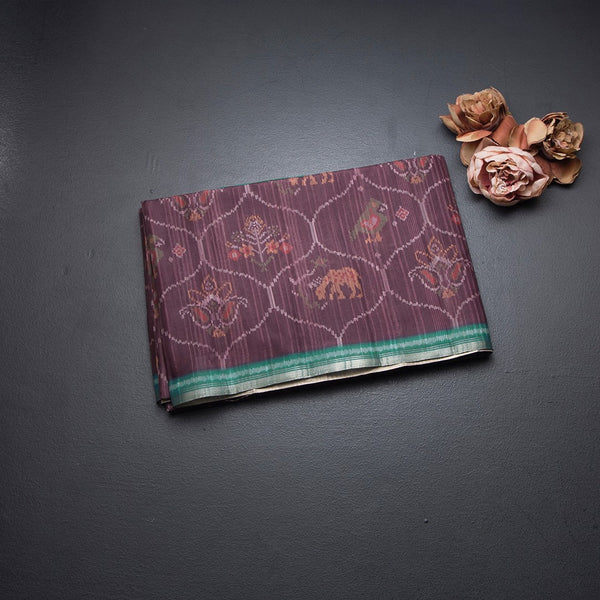 Raw Silk Dark Brown Ikkat Printed Saree