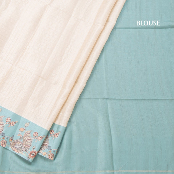 Raw Silk Cream Zari Checked Saree With Printed Border 05