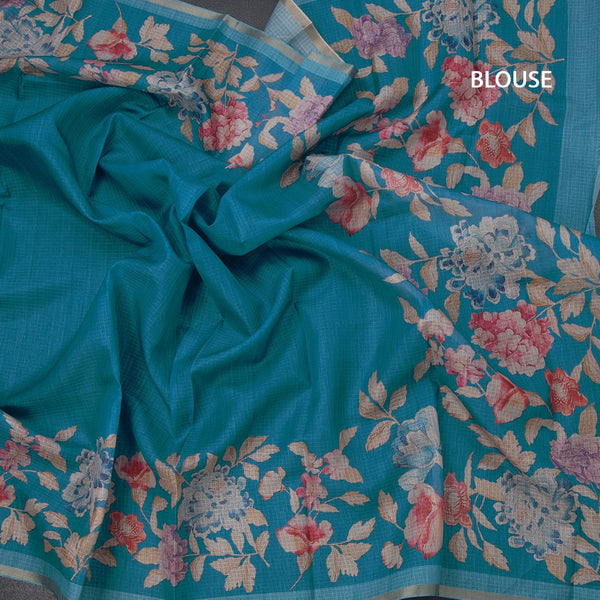 Kota Peacock Blue Borderless Floral Printed Saree