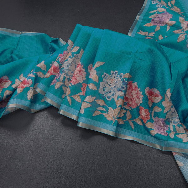 Kota Peacock Blue Borderless Floral Printed Saree