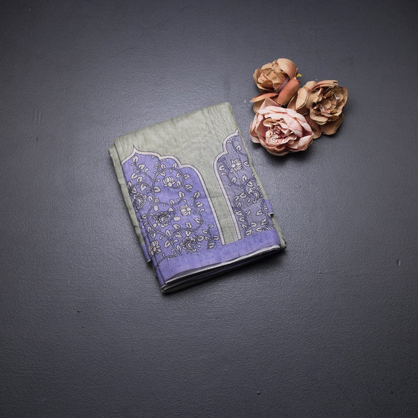 Semi Linen Pista Green Kalamkari Printed Saree