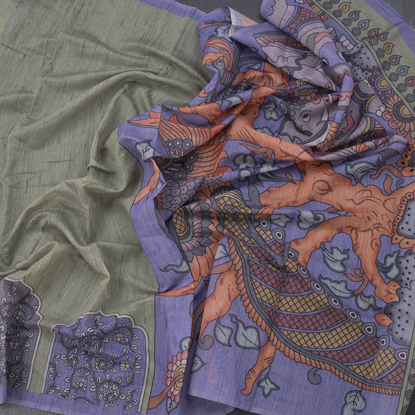 Semi Linen Pista Green Kalamkari Printed Saree