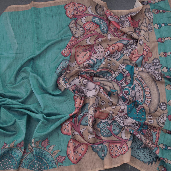 Semi Linen Teal Green Kalamkari Printed Saree