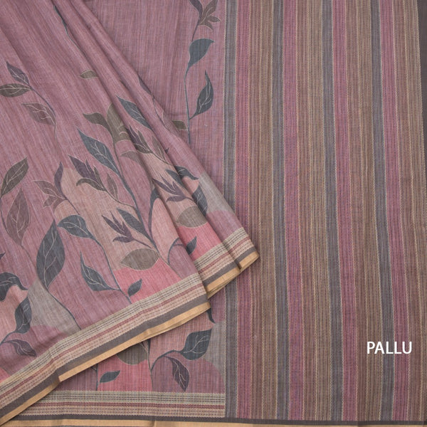 Semi Linen Light Maroon Leaf Printed Saree