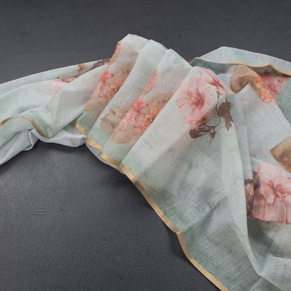 Semi Linen Light Pista Green Leaf Printed Saree