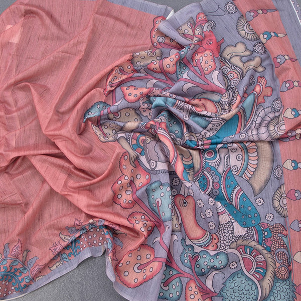 Semi Linen Light Maroon Kalamkari Printed Saree