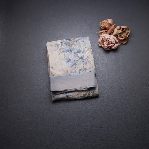 Semi Linen Cream Floral Printed Saree With Zari Border