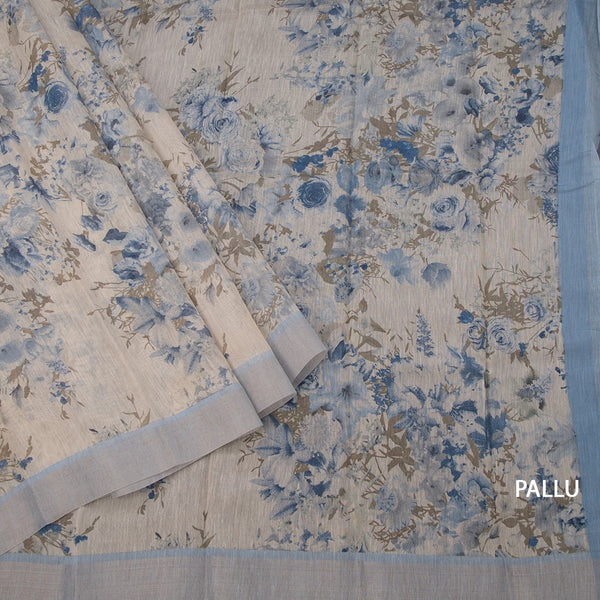 Semi Linen Cream Floral Printed Saree With Zari Border