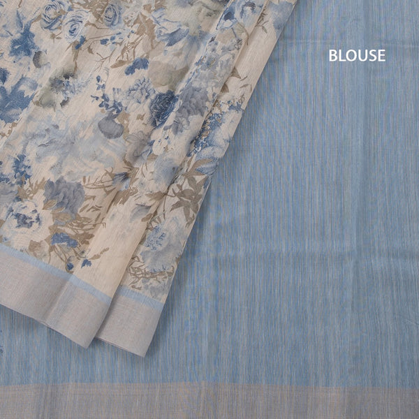 Semi Linen Cream Floral Printed Saree With Zari Border