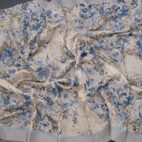 Semi Linen Cream Floral Printed Saree With Zari Border