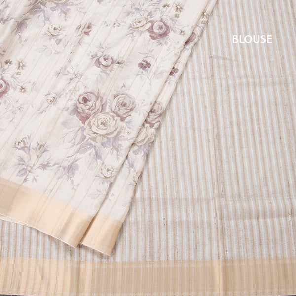 Raw Silk Cream Floral Printed Saree With Zari Border 03