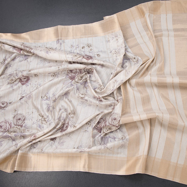 Raw Silk Cream Floral Printed Saree With Zari Border 03