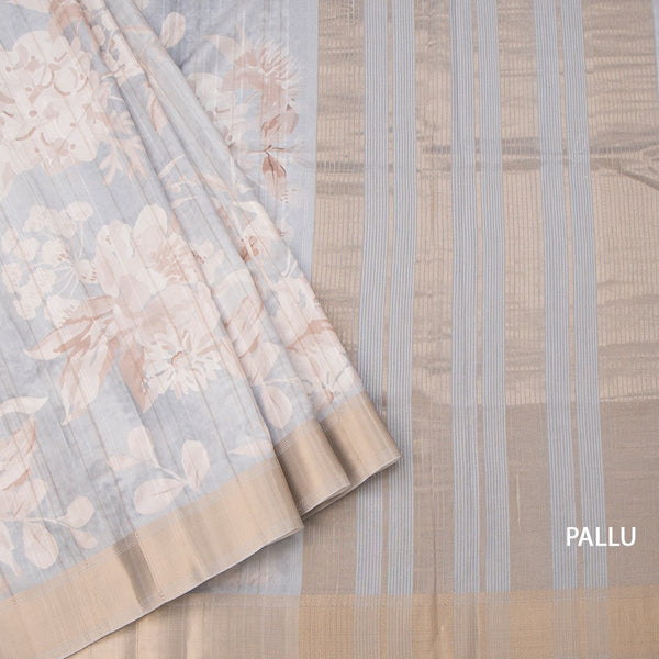 Raw Silk Grey Floral Printed Saree With Zari Border 02