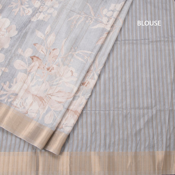 Raw Silk Grey Floral Printed Saree With Zari Border 02