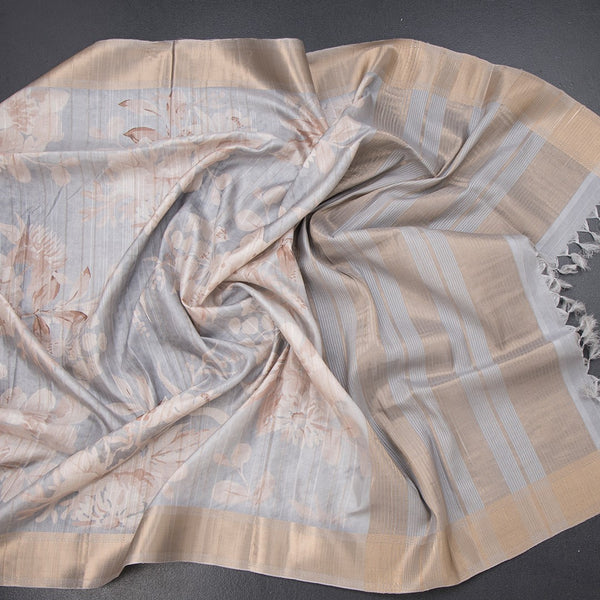 Raw Silk Grey Floral Printed Saree With Zari Border 02