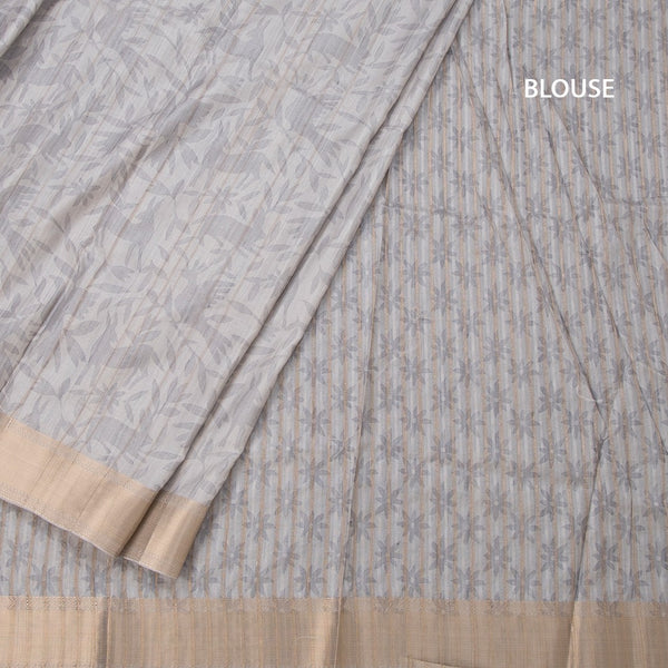 Raw Silk Grey Printed Saree With Zari Border 02