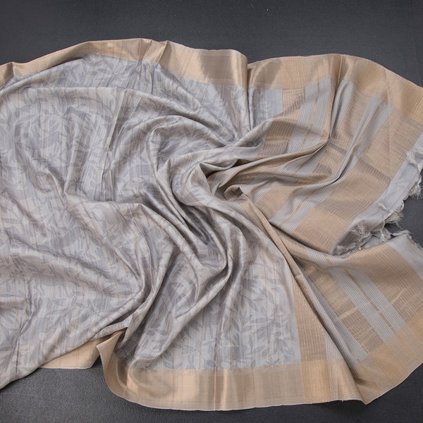 Raw Silk Grey Printed Saree With Zari Border 02
