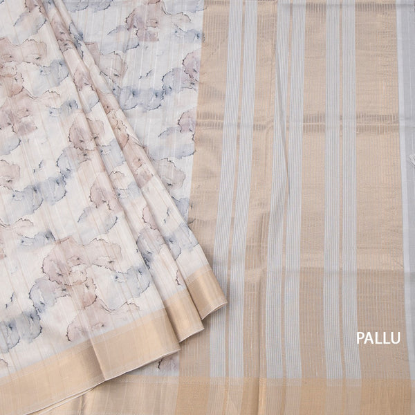Raw Silk Cream Printed Saree With Zari Border 09