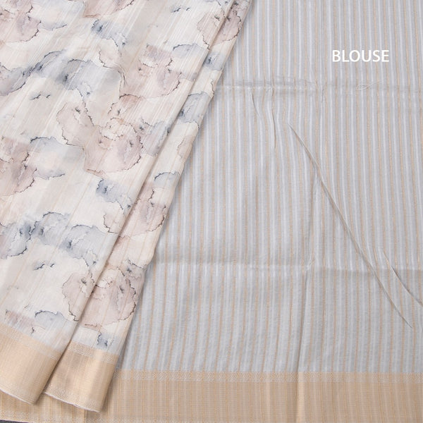 Raw Silk Cream Printed Saree With Zari Border 09